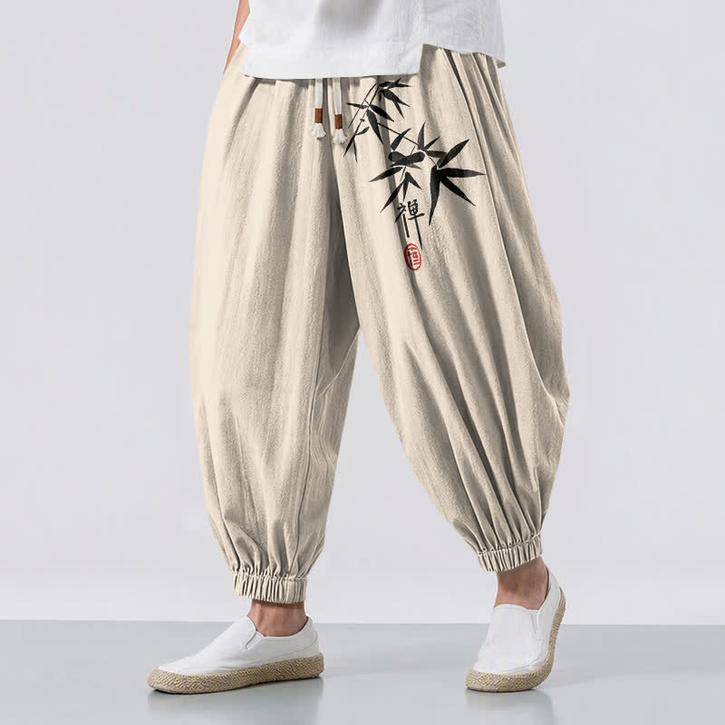 Buddha Stones Pantalon harem pour homme en pur coton, motif bambou, cordon de serrage et poches - Beige - US/UK/AU50，EU60 (5XL) - image 12