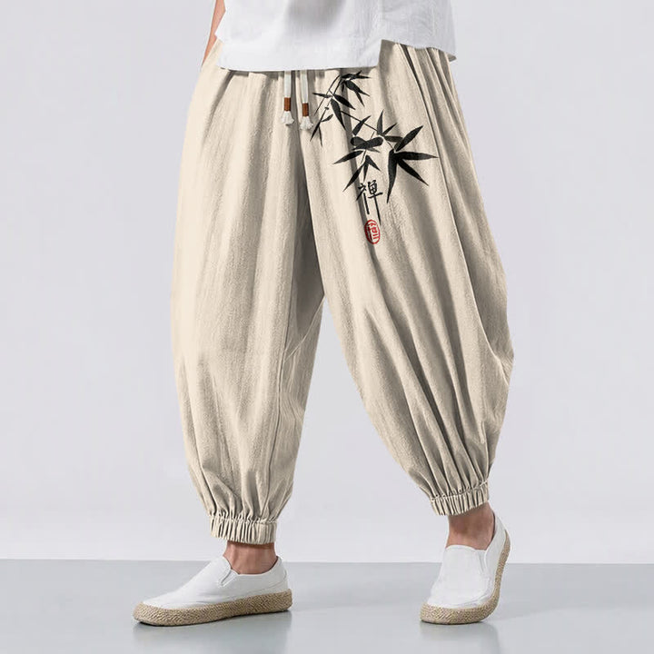 Buddha Stones Pantalon harem pour homme en pur coton, motif bambou, cordon de serrage et poches - Beige - US/UK/AU50，EU60 (5XL) - image 12