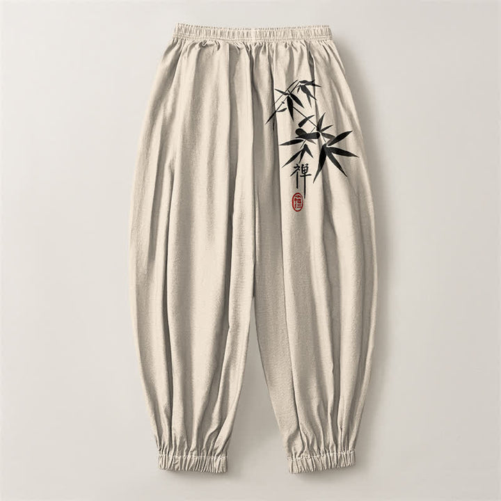 Buddha Stones Pantalon harem pour homme en pur coton, motif bambou, cordon de serrage et poches - image 14
