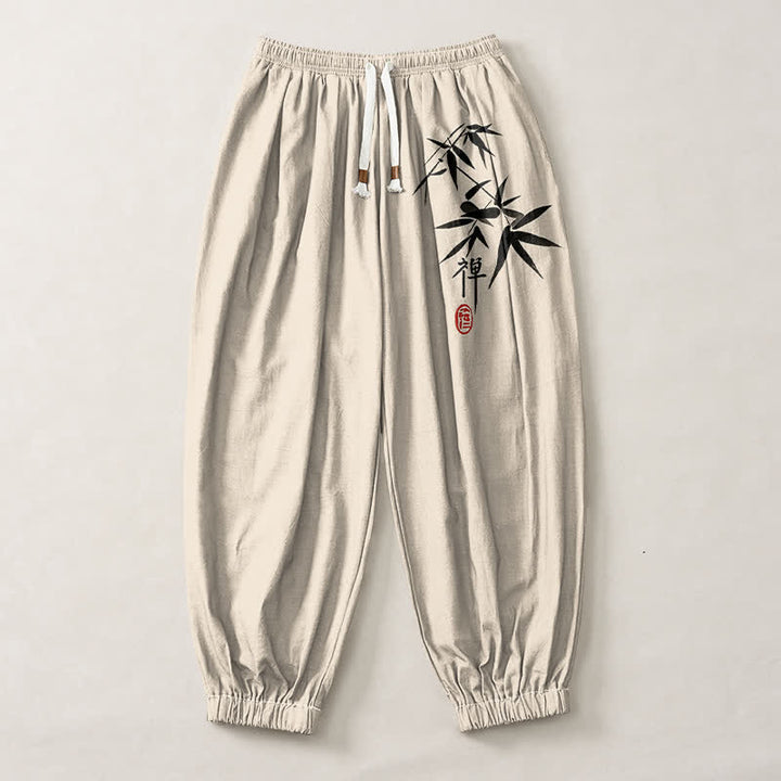 Buddha Stones Pantalon harem pour homme en pur coton, motif bambou, cordon de serrage et poches - image 13