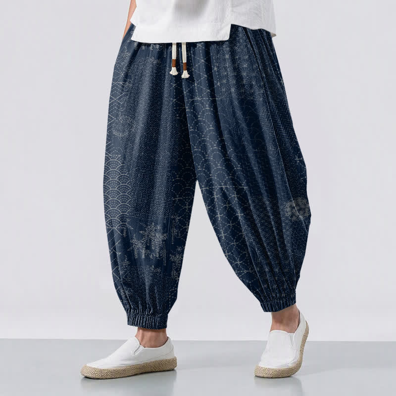 Buddha Stones Pantalon harem pour homme en pur coton à motif géométrique ondulé, cordon de serrage et poches - Marine - US/UK/AU50，EU60 (5XL) - image 0