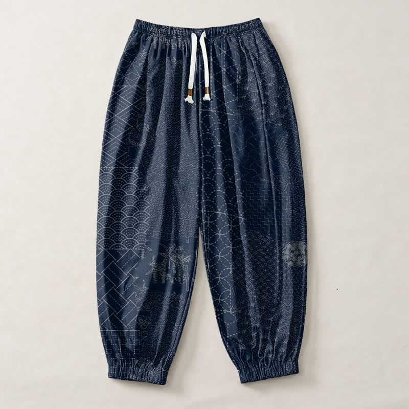 Buddha Stones Pantalon harem pour homme en pur coton à motif géométrique ondulé, cordon de serrage et poches - image 1