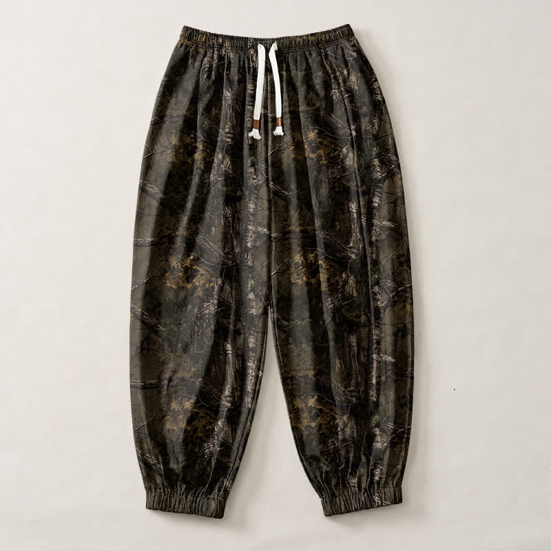 Buddha Stones Pantalon harem pour homme en pur coton, motif camouflage marbré, cordon de serrage et poches - image 1