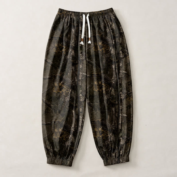 Buddha Stones Pantalon harem pour homme en pur coton, motif camouflage marbré, cordon de serrage et poches - image 1
