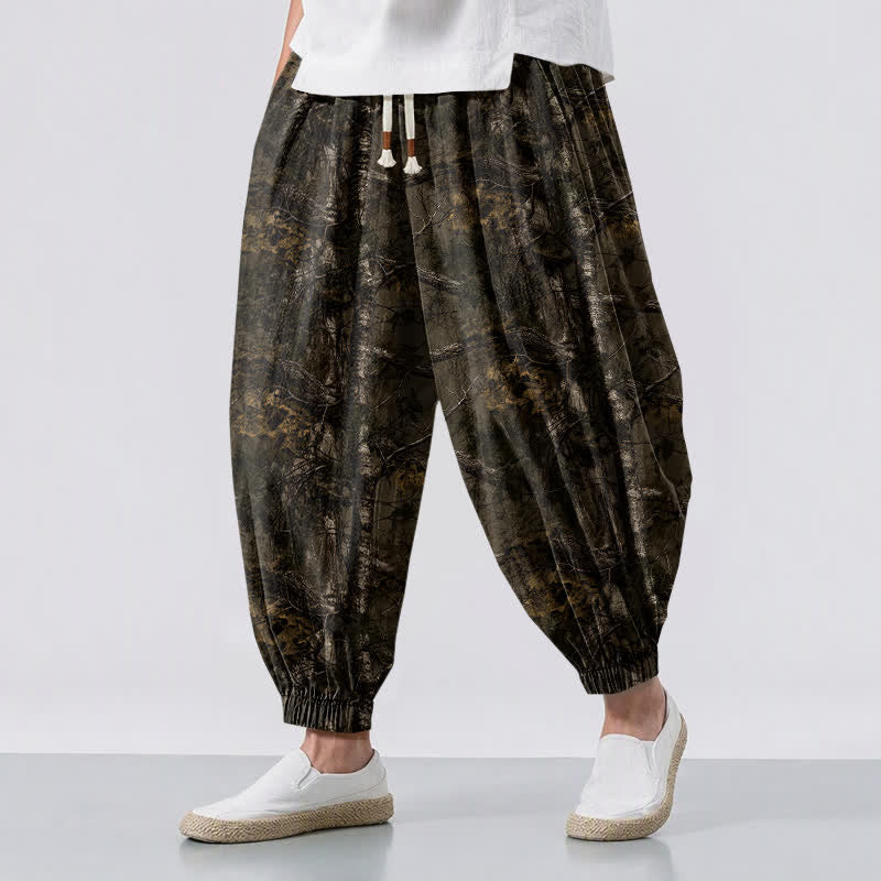 Buddha Stones Pantalon harem pour homme en pur coton, motif camouflage marbré, cordon de serrage et poches - SaddleBrown - US/UK/AU50，EU60 (5XL) - image 0