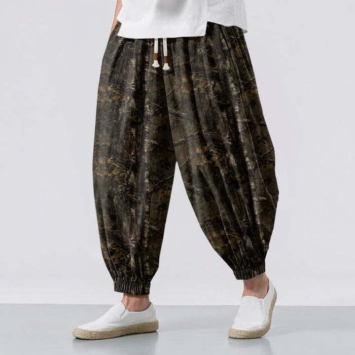 Buddha Stones Pantalon harem pour homme en pur coton, motif camouflage marbré, cordon de serrage et poches - SaddleBrown - US/UK/AU50，EU60 (5XL) - image 0