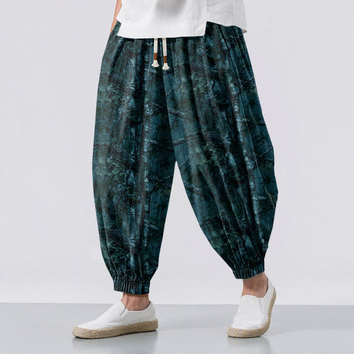 Buddha Stones Pantalon harem pour homme en pur coton, motif camouflage marbré, cordon de serrage et poches - Sarcelle - US/UK/AU50，EU60 (5XL) - image 6