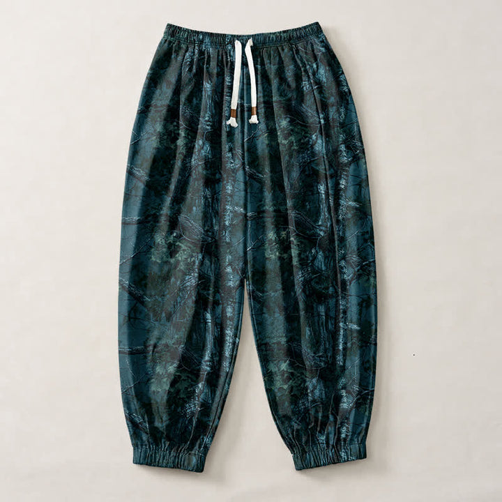 Buddha Stones Pantalon harem pour homme en pur coton, motif camouflage marbré, cordon de serrage et poches - image 7