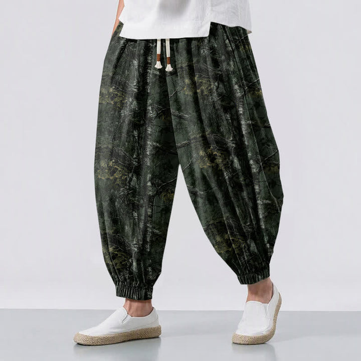 Buddha Stones Pantalon harem pour homme en pur coton, motif camouflage marbré, cordon de serrage et poches - Vert foncé - US/UK/AU50，EU60 (5XL) - image 12