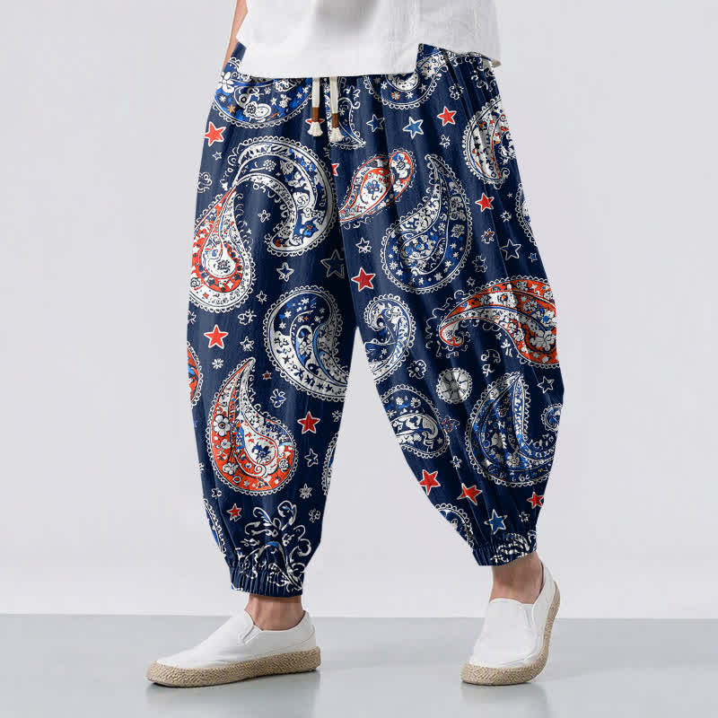 Buddha Stones Pantalon harem pour homme en pur coton à motif cachemire et étoiles, cordon de serrage et poches - Marine - US/UK/AU50，EU60 (5XL) - image 0