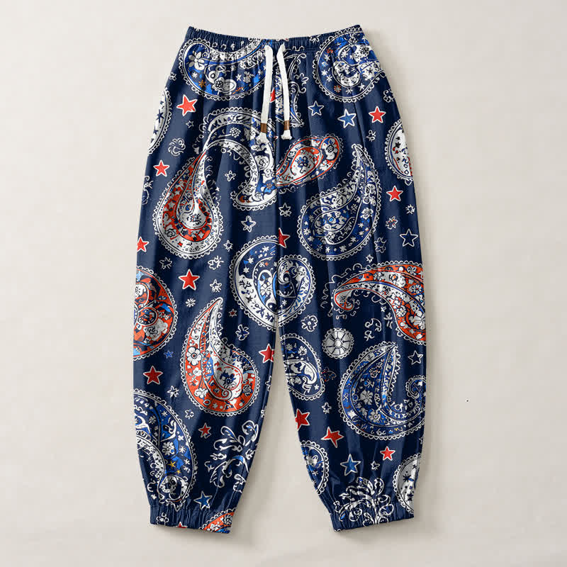 Buddha Stones Pantalon harem pour homme en pur coton à motif cachemire et étoiles, cordon de serrage et poches - image 1