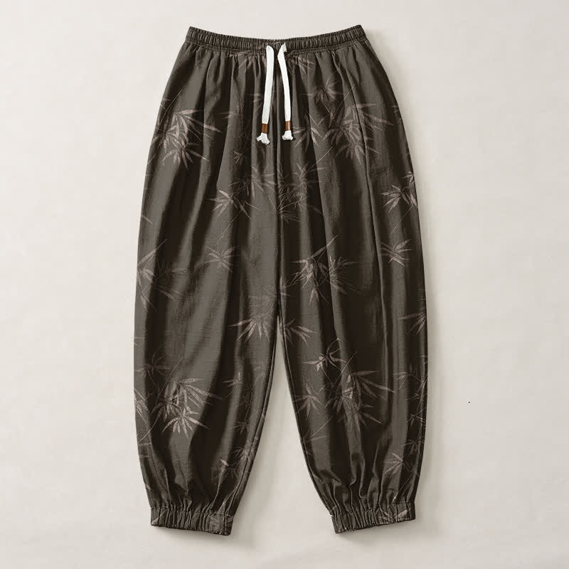 Buddha Stones Pantalon harem pour homme en pur coton, motif feuille de bambou, cordon de serrage et poches - image 1