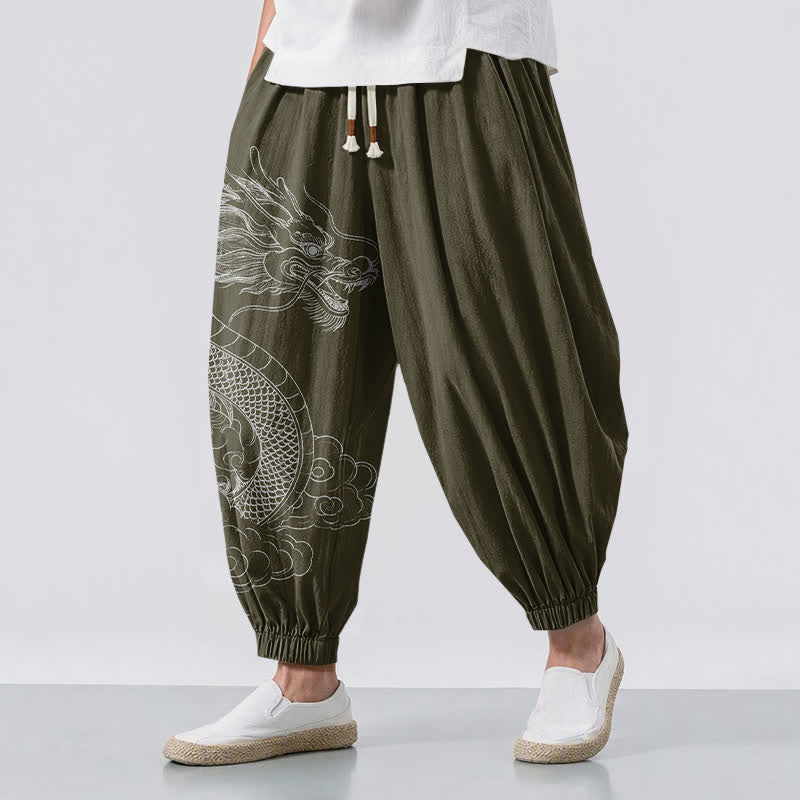 Buddha Stones Pantalon harem pour homme en pur coton blanc à motif de nuages ​​et de dragons, avec cordon de serrage et poches. - Vert olive foncé - US/UK/AU50，EU60 (5XL) - image 0