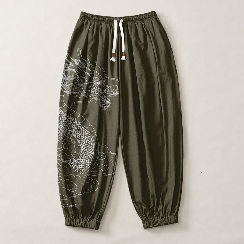Buddha Stones Pantalon harem pour homme en pur coton blanc à motif de nuages ​​et de dragons, avec cordon de serrage et poches. - image 1