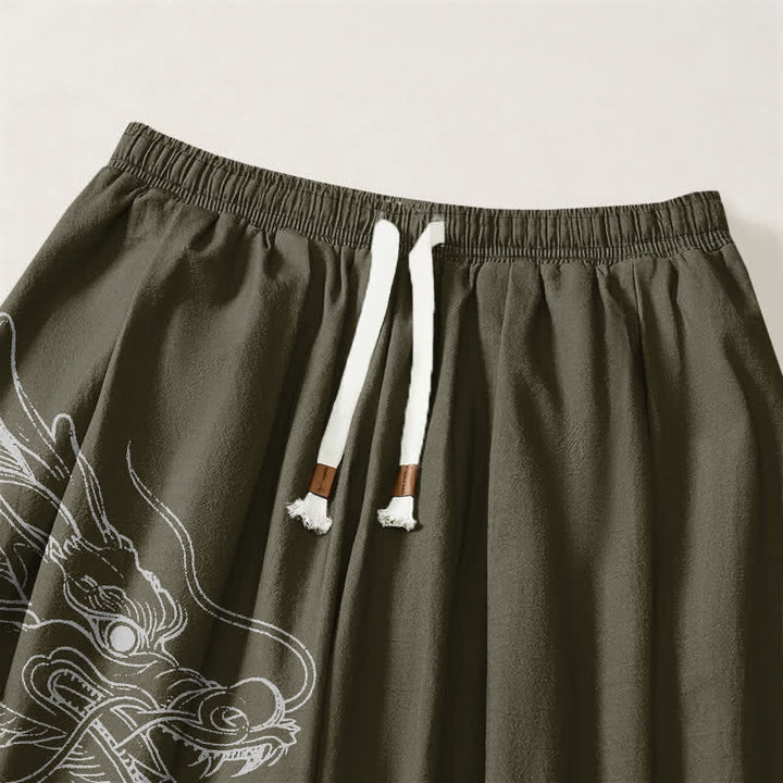 Buddha Stones Pantalon harem pour homme en pur coton blanc à motif de nuages ​​et de dragons, avec cordon de serrage et poches. - image 3