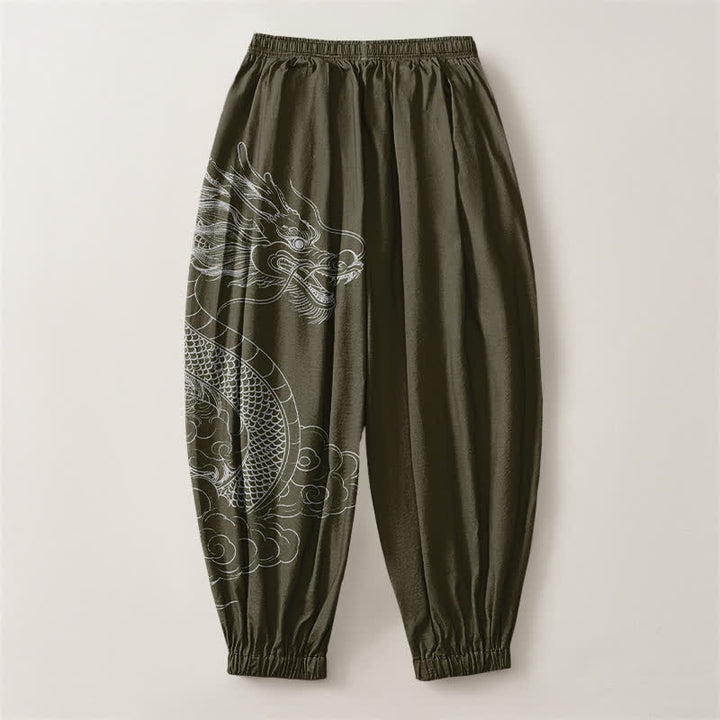 Buddha Stones Pantalon harem pour homme en pur coton blanc à motif de nuages ​​et de dragons, avec cordon de serrage et poches. - image 2