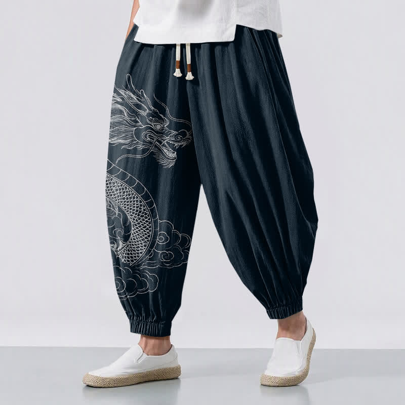Buddha Stones Pantalon harem pour homme en pur coton blanc à motif de nuages ​​et de dragons, avec cordon de serrage et poches. - Marine - US/UK/AU50，EU60 (5XL) - image 6