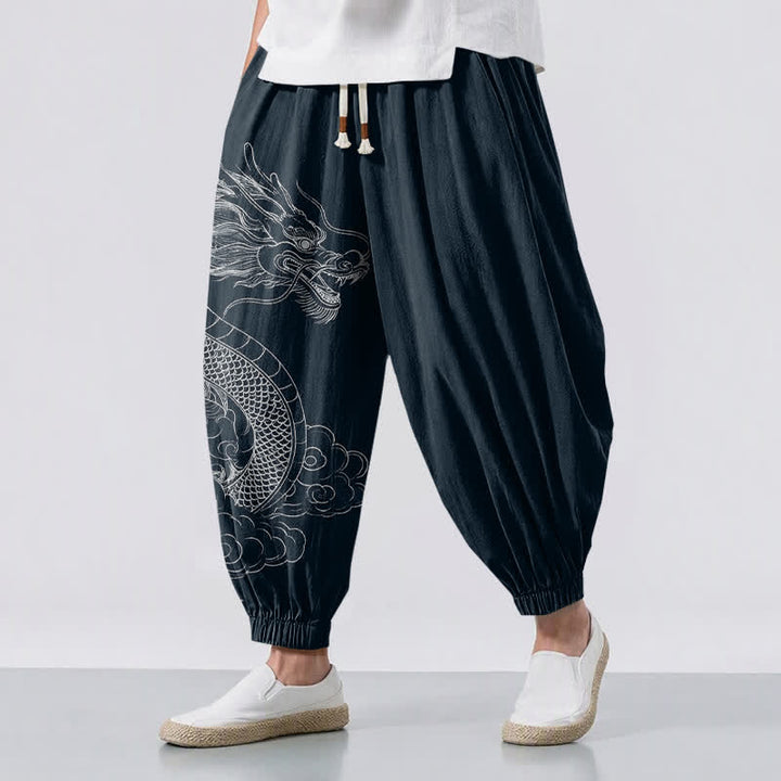 Buddha Stones Pantalon harem pour homme en pur coton blanc à motif de nuages ​​et de dragons, avec cordon de serrage et poches. - Marine - US/UK/AU50，EU60 (5XL) - image 6
