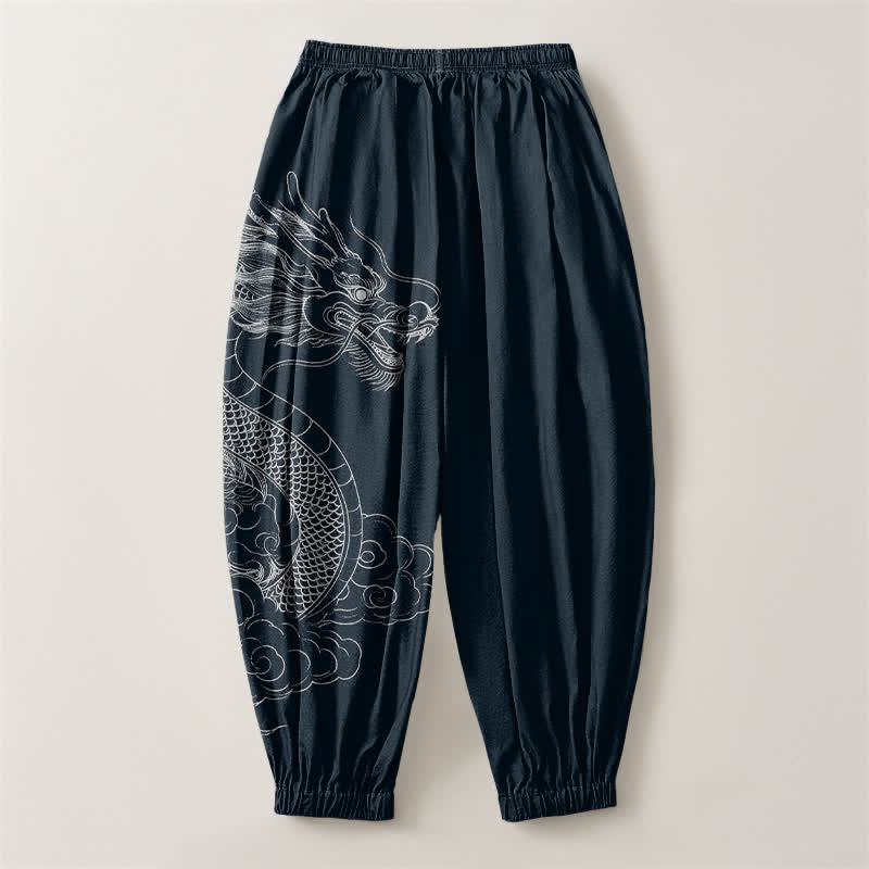 Buddha Stones Pantalon harem pour homme en pur coton blanc à motif de nuages ​​et de dragons, avec cordon de serrage et poches. - image 8