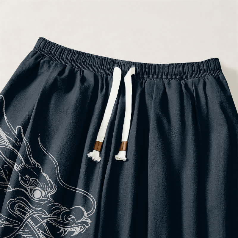 Buddha Stones Pantalon harem pour homme en pur coton blanc à motif de nuages ​​et de dragons, avec cordon de serrage et poches. - image 9