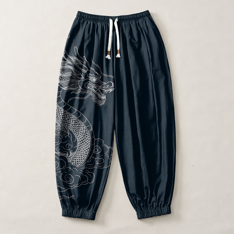 Buddha Stones Pantalon harem pour homme en pur coton blanc à motif de nuages ​​et de dragons, avec cordon de serrage et poches. - image 7