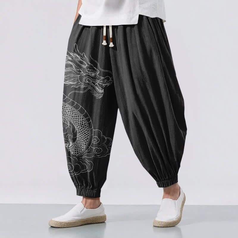 Buddha Stones Pantalon harem pour homme en pur coton blanc à motif de nuages ​​et de dragons, avec cordon de serrage et poches. - Noir - US/UK/AU50，EU60 (5XL) - image 12