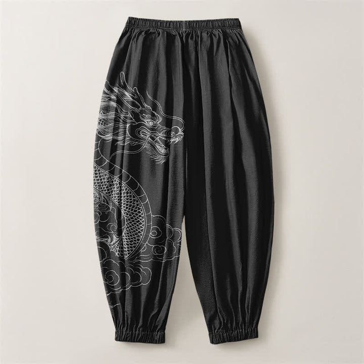Buddha Stones Pantalon harem pour homme en pur coton blanc à motif de nuages ​​et de dragons, avec cordon de serrage et poches. - image 14
