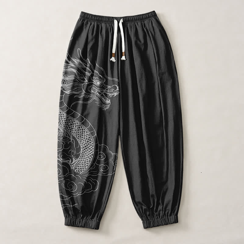 Buddha Stones Pantalon harem pour homme en pur coton blanc à motif de nuages ​​et de dragons, avec cordon de serrage et poches. - image 13