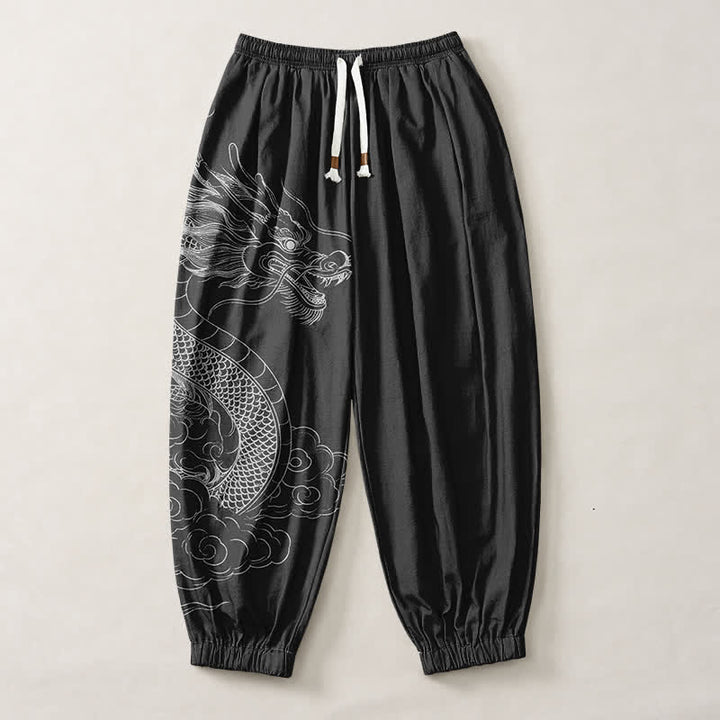 Buddha Stones Pantalon harem pour homme en pur coton blanc à motif de nuages ​​et de dragons, avec cordon de serrage et poches. - image 13