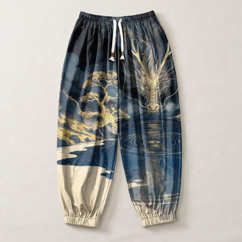 Buddha Stones Pantalon harem pour homme en pur coton avec cordon de serrage, motif paysage de dragon doré et poches - image 1