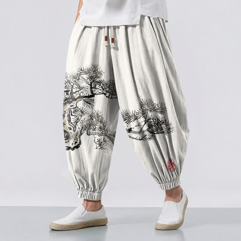 Buddha Stones Pantalon harem pour homme en pur coton, motif pin, cordon de serrage et poches - Ivoire - US/UK/AU50，EU60 (5XL) - image 0