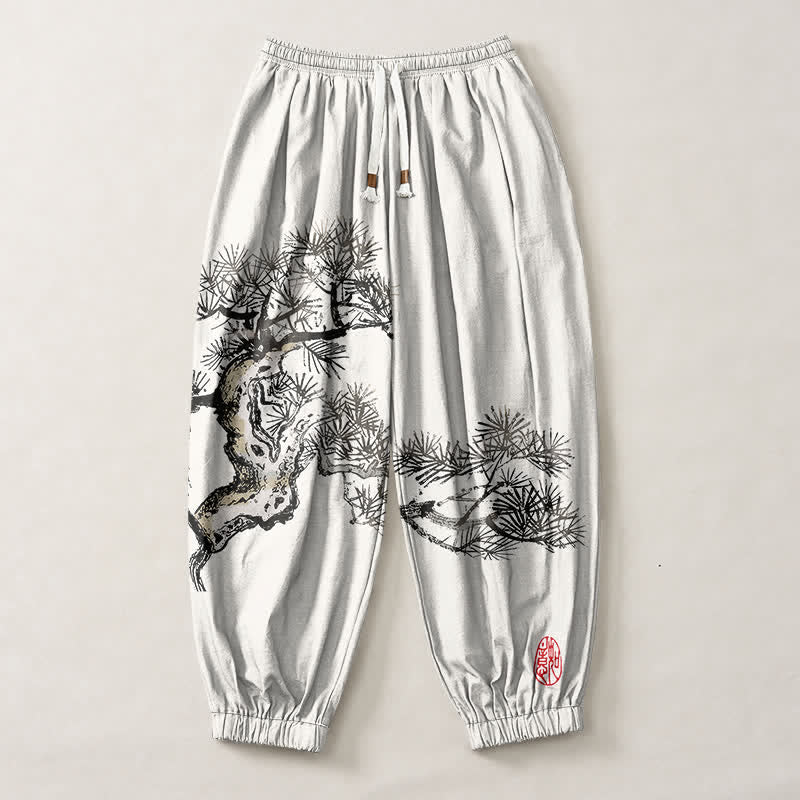 Buddha Stones Pantalon harem pour homme en pur coton, motif pin, cordon de serrage et poches - image 1