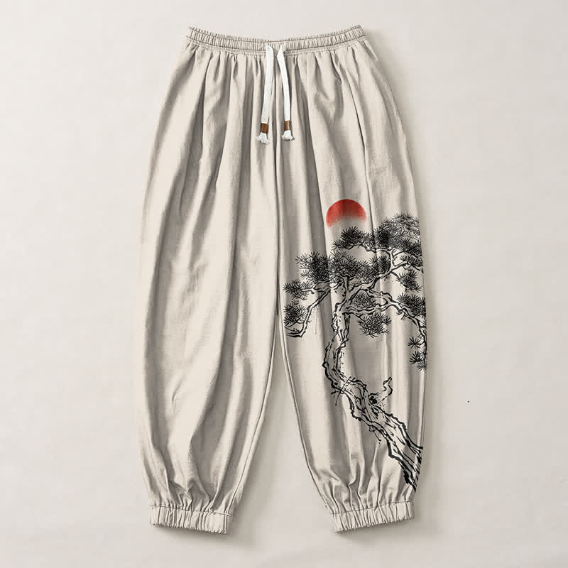 Buddha Stones Pantalon harem pour homme en pur coton avec cordon de serrage, motif pin et soleil, à motif encre, en coton et poches. - image 1