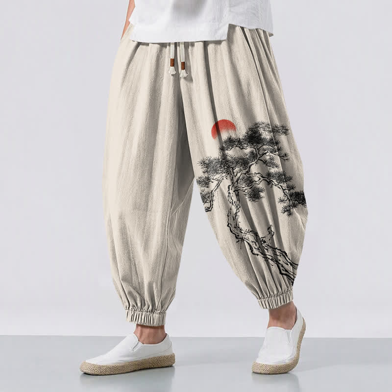 Buddha Stones Pantalon harem pour homme en pur coton avec cordon de serrage, motif pin et soleil, à motif encre, en coton et poches. - Lin - US/UK/AU50，EU60 (5XL) - image 0