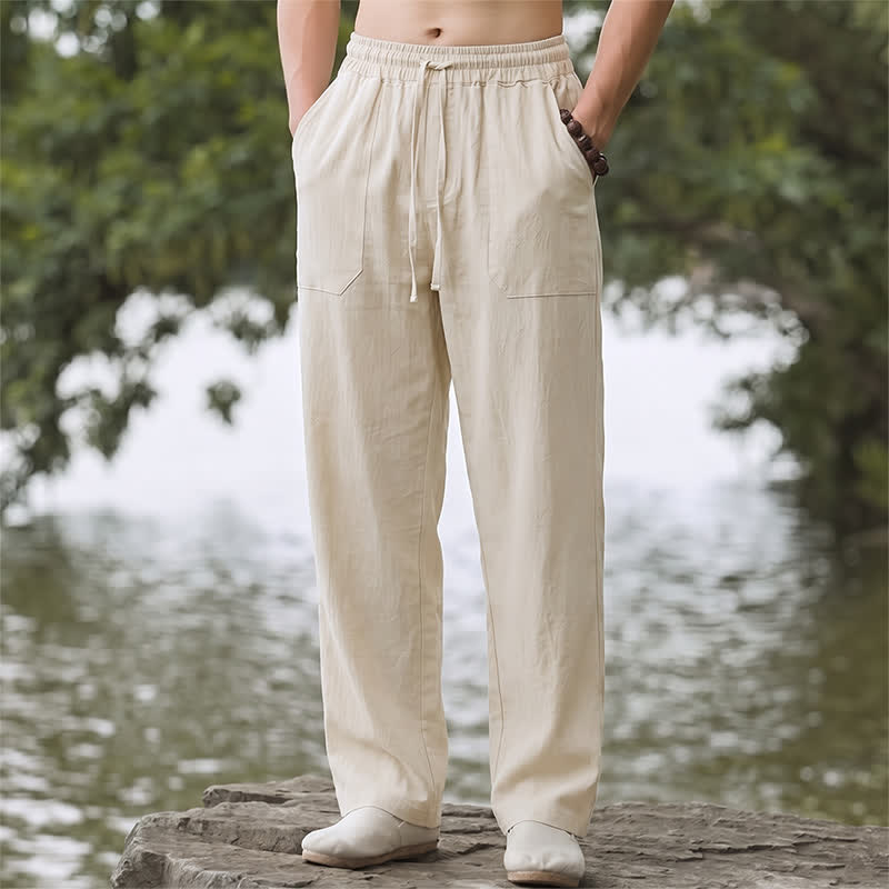 Buddha Stones Pantalon long uni classique printemps-été minimaliste à cordon de serrage, coupe droite, avec poches - Beige - US/UK/AU44, EU54 (3XL) - image 0