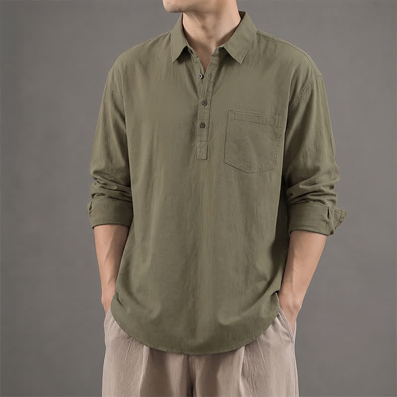 Buddha Stones Chemises à manches longues pour homme, en coton uni, décontractées, avec poches plaquées, idéales pour le printemps et l'automne. - Vert olive foncé - US/UK/AU42, EU52 (3XL) - image 0