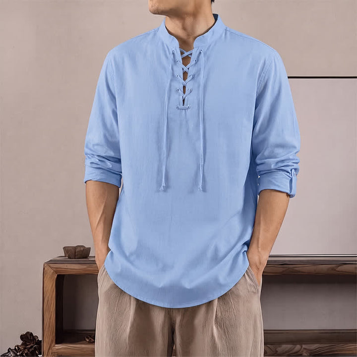 Buddha Stones Chemises à manches longues pour hommes, style Tang, décontractées, printemps-automne, cordon de serrage, en coton et lin unis - Bleu ciel clair - US/UK/AU42, EU52 (3XL) - image 14