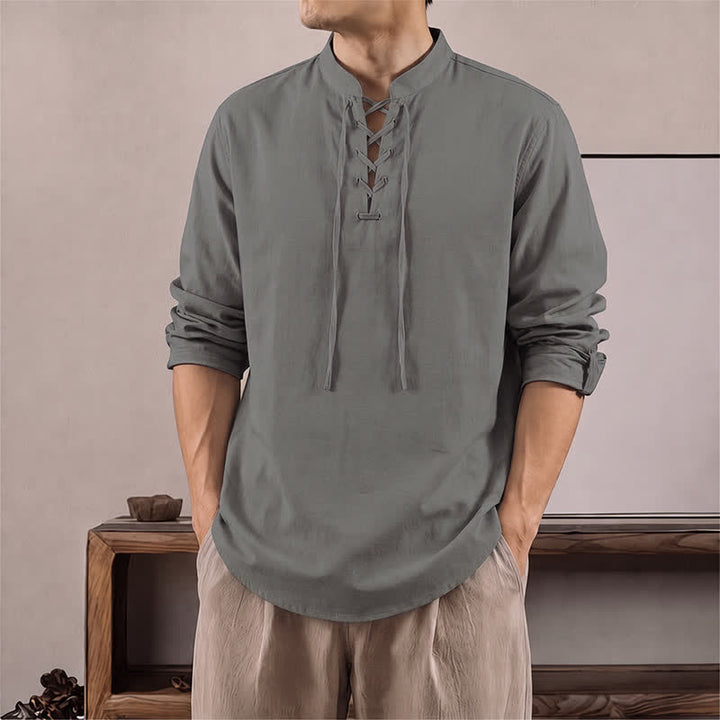 Buddha Stones Chemises à manches longues pour hommes, style Tang, décontractées, printemps-automne, cordon de serrage, en coton et lin unis - Gris - US/UK/AU42, EU52 (3XL) - image 6