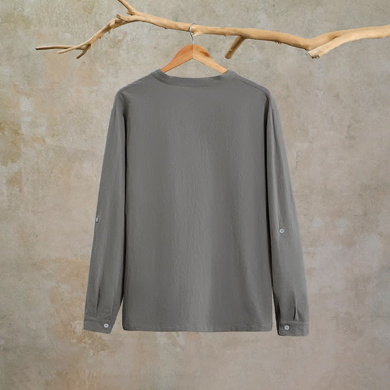Buddha Stones Chemises à manches longues pour hommes, style Tang, décontractées, printemps-automne, cordon de serrage, en coton et lin unis - image 8