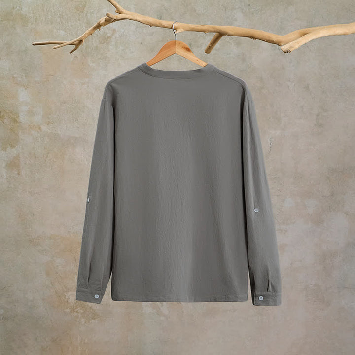 Buddha Stones Chemises à manches longues pour hommes, style Tang, décontractées, printemps-automne, cordon de serrage, en coton et lin unis - image 8