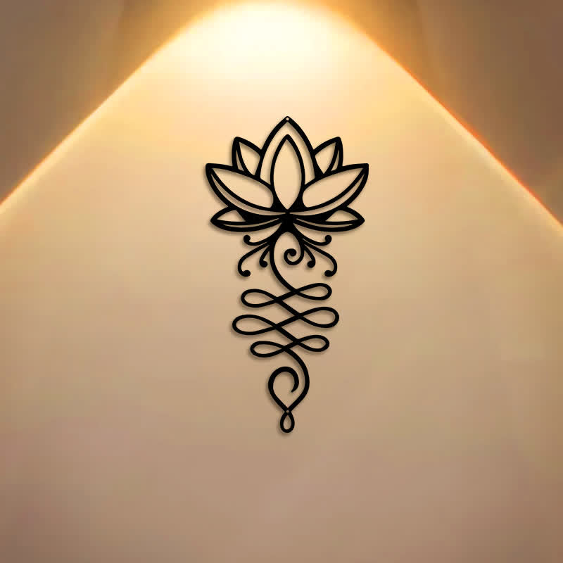 Buddha Stones Décoration murale minimaliste en métal représentant un lotus illuminé, ornée de symboles significatifs en fer. - image 0