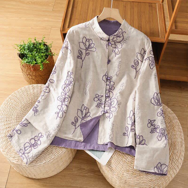 Buddha Stones Chemises à manches longues pour femmes, style Tang vintage automne, réversibles, brodées, à boutons grenouille et à motifs floraux, avec poches - Lavande - US8-10，UK/AU12-14，EU40-42 (2XL) - image 0