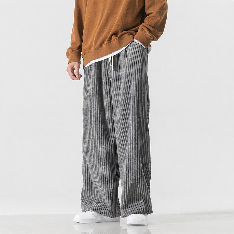Buddha Stones Pantalon long en velours côtelé uni, style vintage, automne-hiver, avec cordon de serrage et poches. - Gris - US/UK/AU46，EU56 (5XL) - image 0