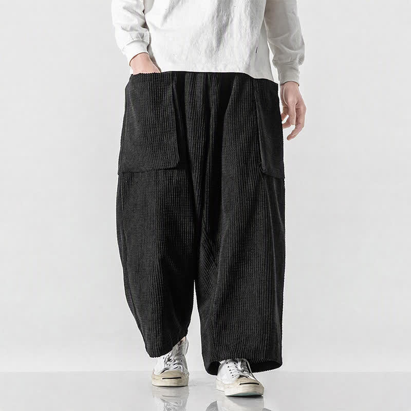 Buddha Stones Pantalon d'automne-hiver vintage minimaliste à cordon de serrage, en velours côtelé, coupe large, avec poches, pour homme. - Noir - US/UK/AU46，EU56 (5XL) - image 0