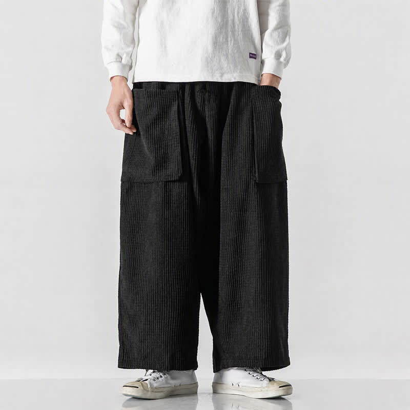 Buddha Stones Pantalon d'automne-hiver vintage minimaliste à cordon de serrage, en velours côtelé, coupe large, avec poches, pour homme. - image 1