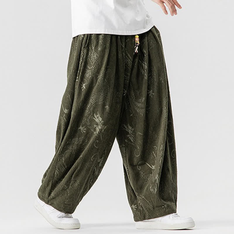Buddha Stones Pantalon harem vintage décontracté automne-hiver à cordon de serrage dragon, en velours côtelé, avec poches - image 1
