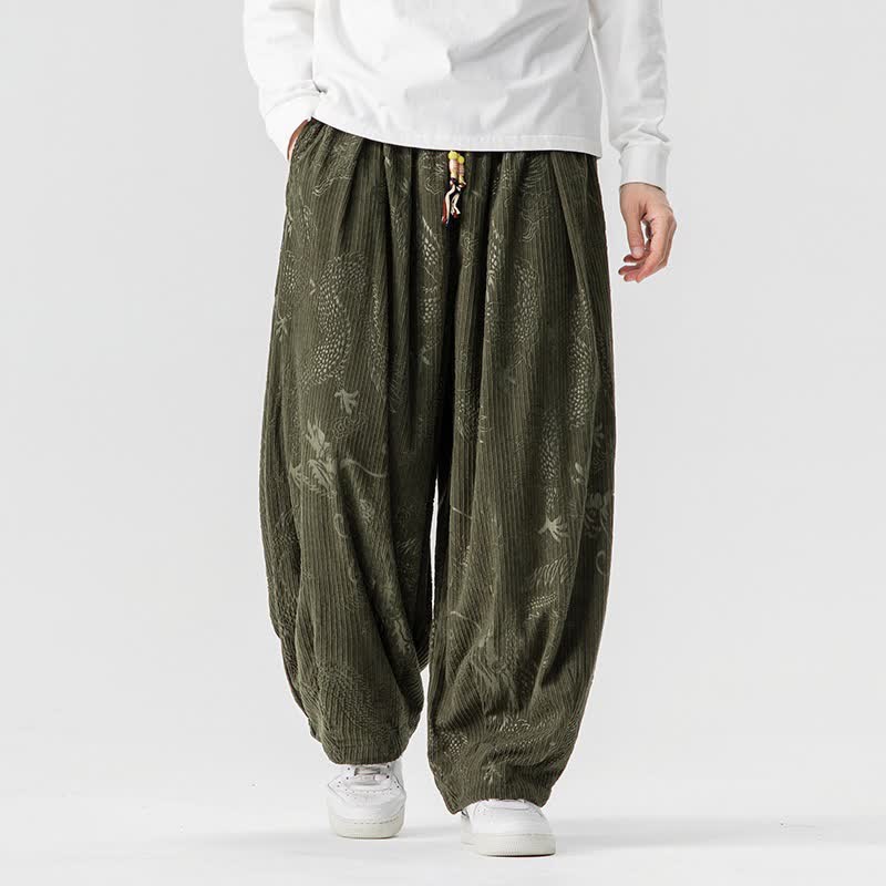 Buddha Stones Pantalon harem vintage décontracté automne-hiver à cordon de serrage dragon, en velours côtelé, avec poches - Vert olive foncé - US/UK/AU46，EU56 (5XL) - image 0