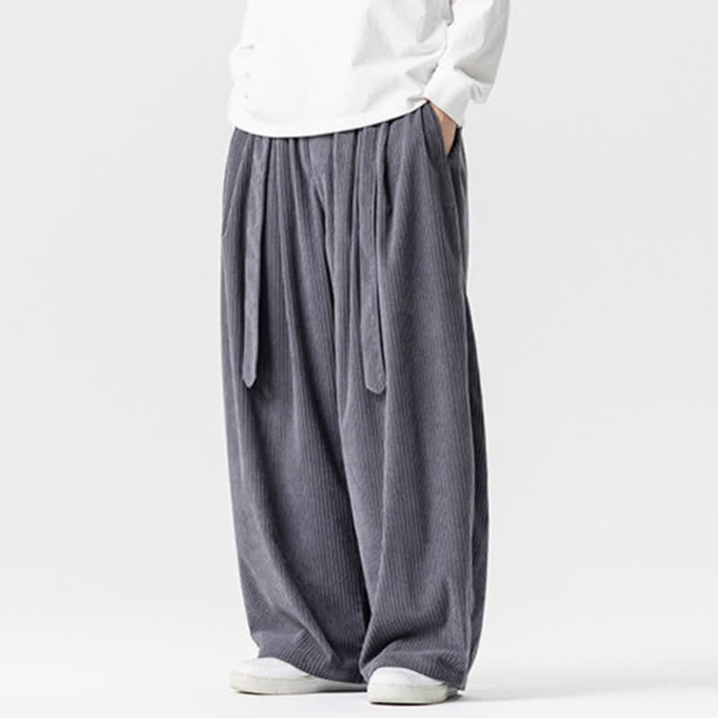 Buddha Stones Pantalon long en velours côtelé uni, style vintage, décontracté automne-hiver, avec cordon de serrage et poches. - image 1