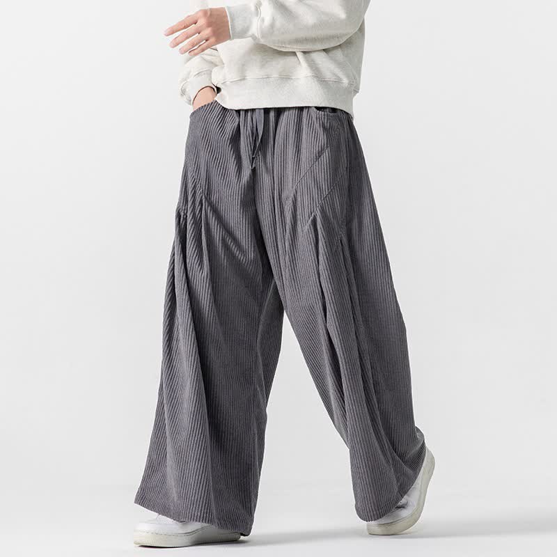 Buddha Stones Pantalon long décontracté automne-hiver à cordon de serrage, en velours côtelé, pour homme, jambes larges et poches - Gris terne - US/UK/AU46，EU56 (5XL) - image 0