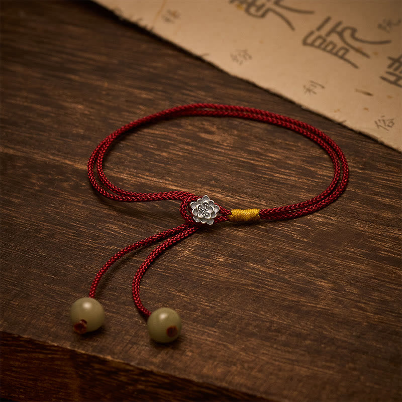 Buddha Stones Bracelet vintage Lotus Pureté en argent sterling 925 avec cordon rouge tressé - Lotus (Tour de poignet : 14 à 18 cm) - image 0